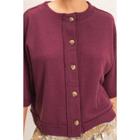Plum Button-Down Short Sleeve Waffle Top
