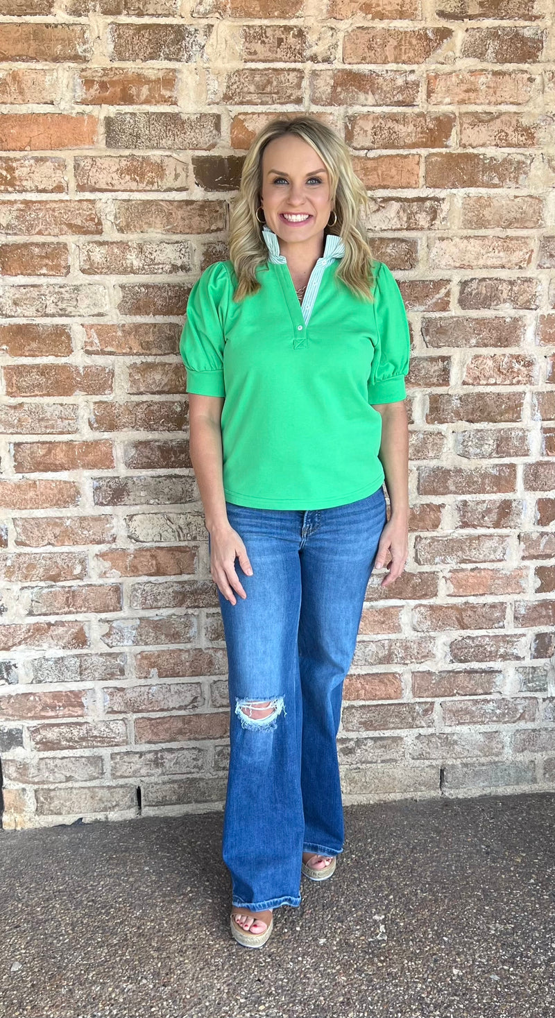Char Apple Green Striped Collar Top