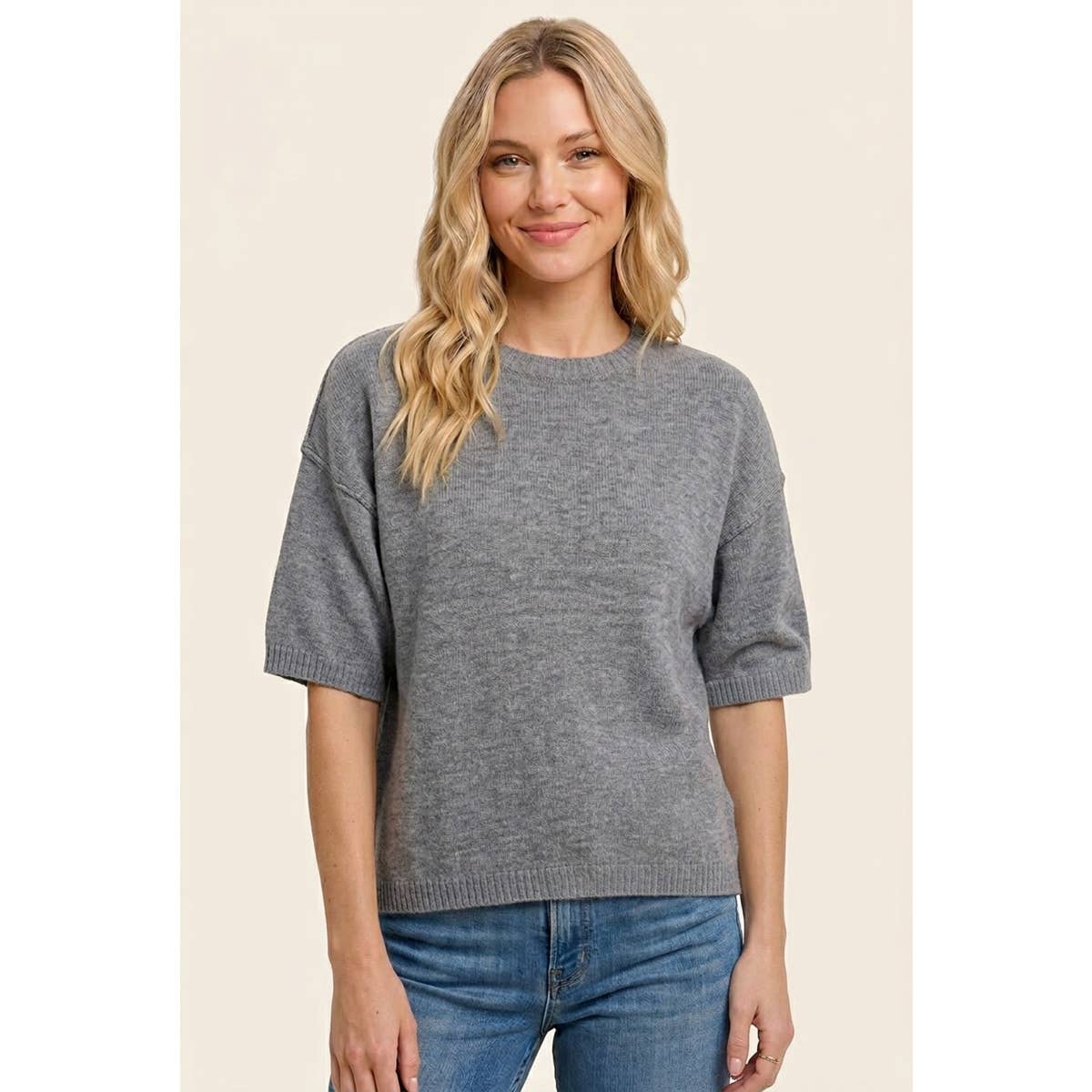 Heather Grey 3/4 Sleeve Solid Sweater