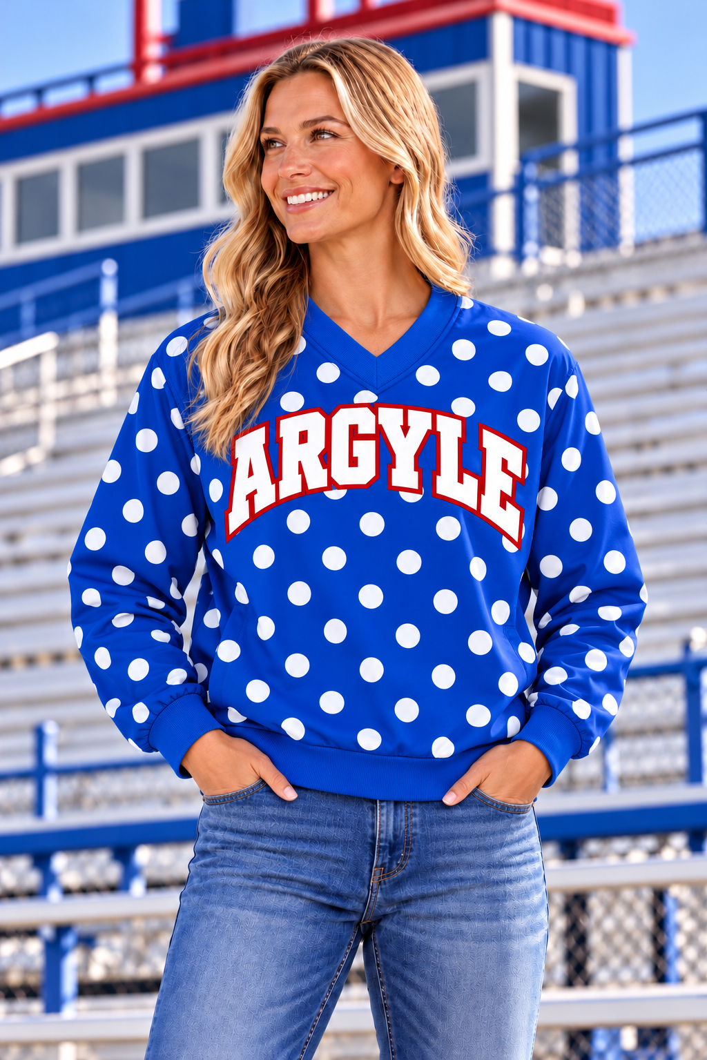 PREORDER | Argyle Redhawks Royal Polka VNeck Lined Windbreaker Pullover