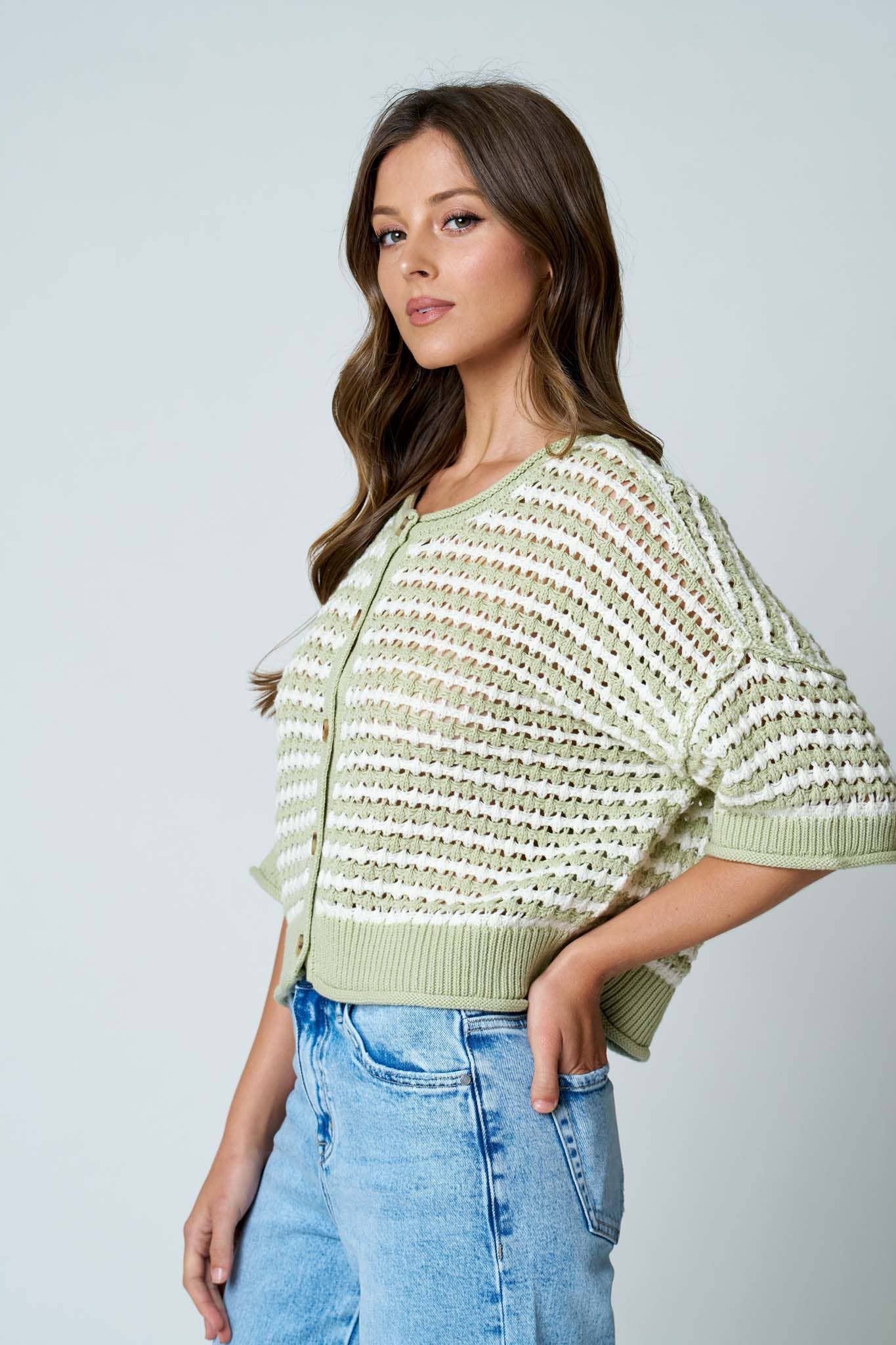Olive Short Sleeve Crochet Knit Buttoned Cardi