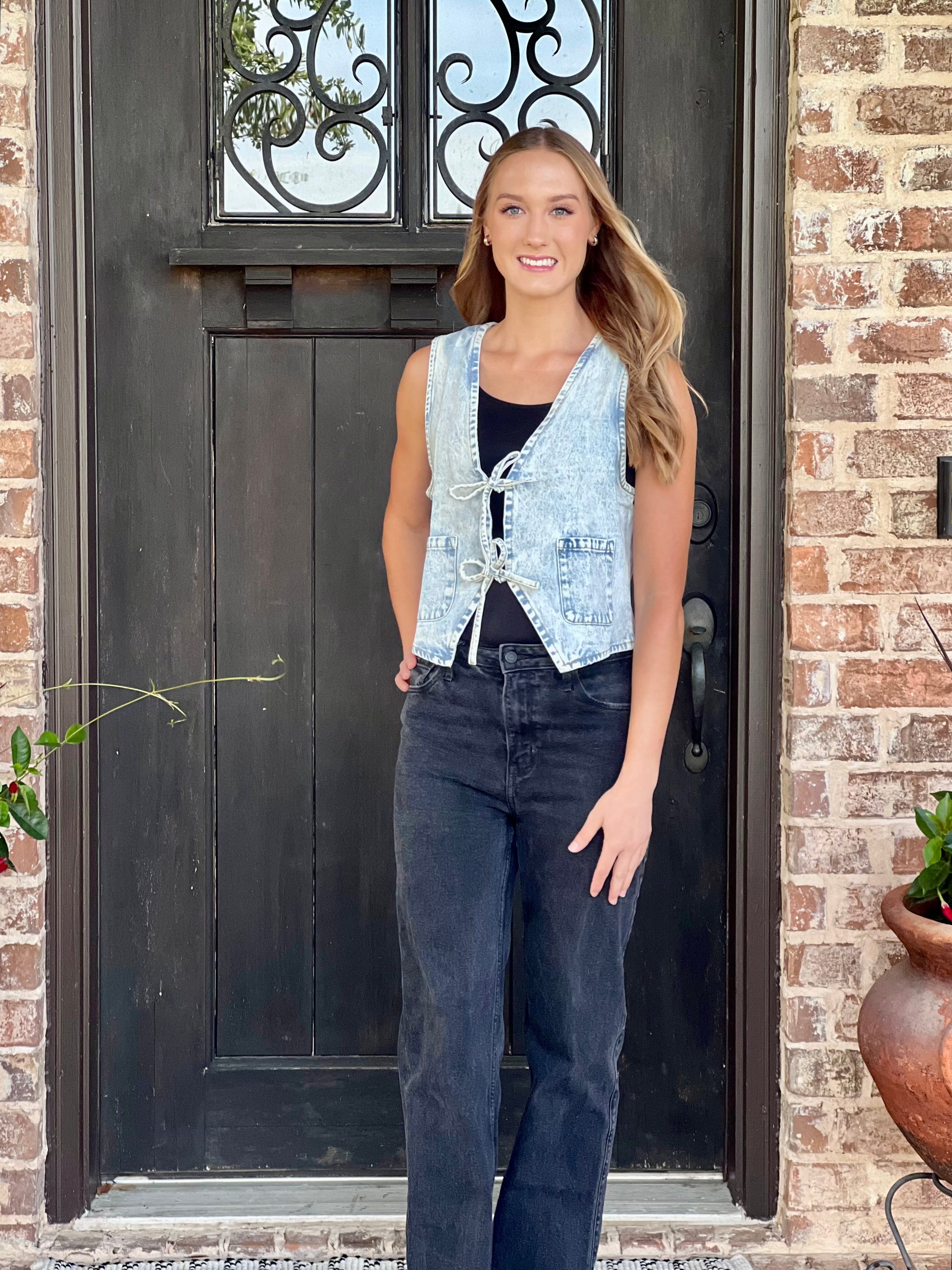 Acid Washed Denim Front Tie Vest