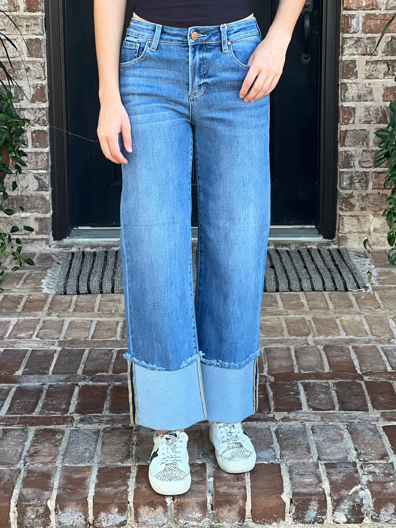 Risen | Mid Rise Crop Wide Leg Big Cuff Jeans