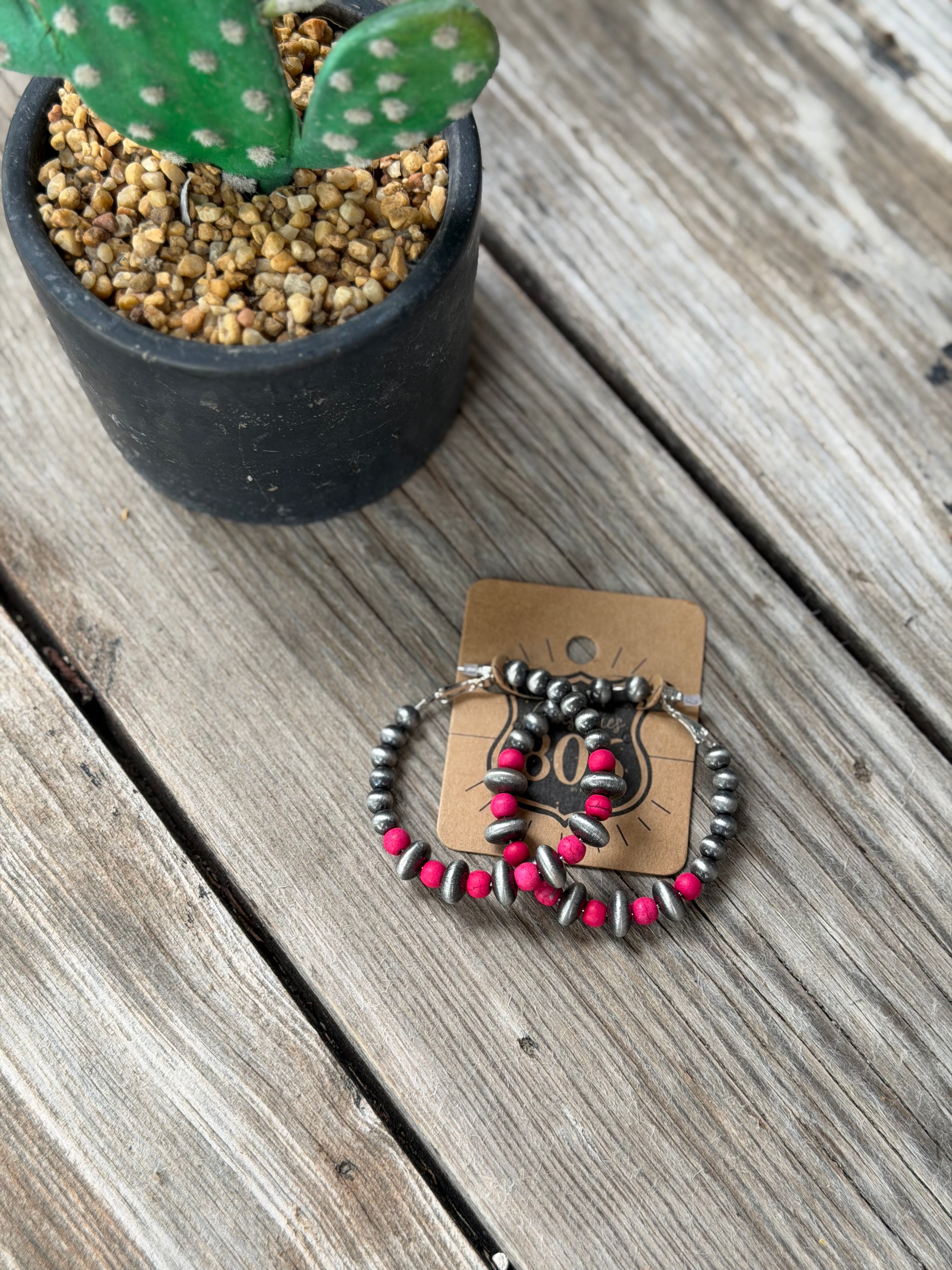 Fuschia Silver & Stone Bead Hoops