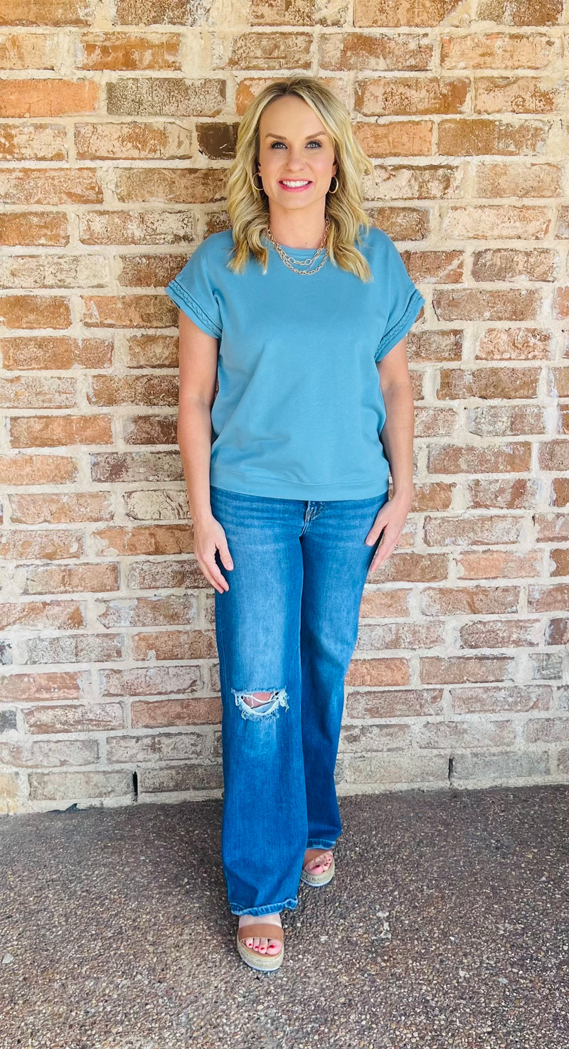 Dusty Blue French Terry Rope Sleeve Top