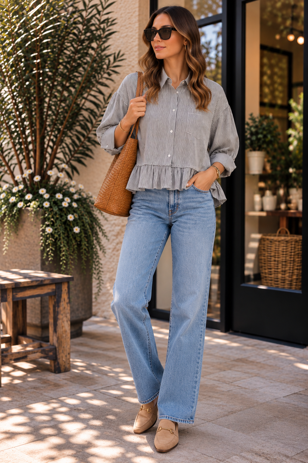 Black Striped Ruffle Hem Top