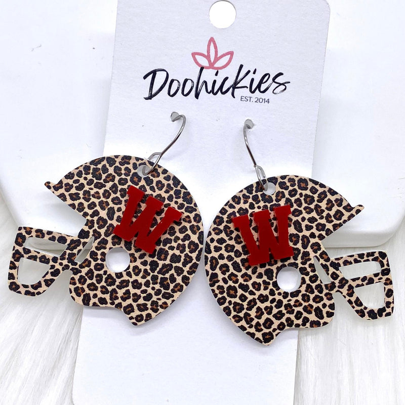 1.5" Varsity Letter Leopard Helmets (Comment w/Letters) - Sports Earrings