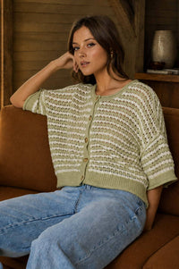 Olive Short Sleeve Crochet Knit Buttoned Cardi