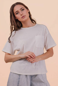 White Mineral Washed Knit Top with Pocket