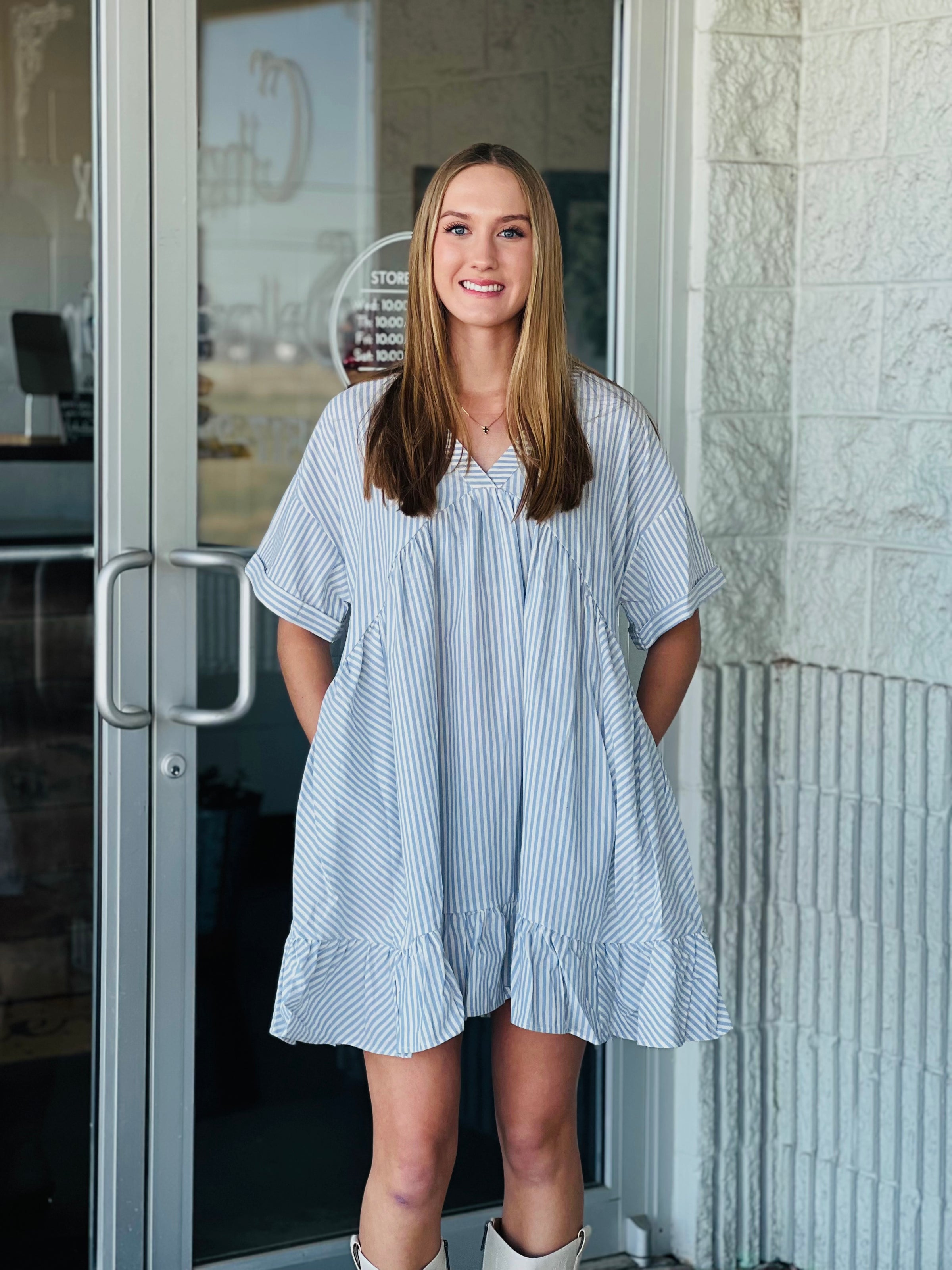 Blue Striped VNeck Tiered Ruffle Dress
