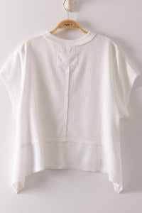 White Flared Hem Waffle Knit Casual Top