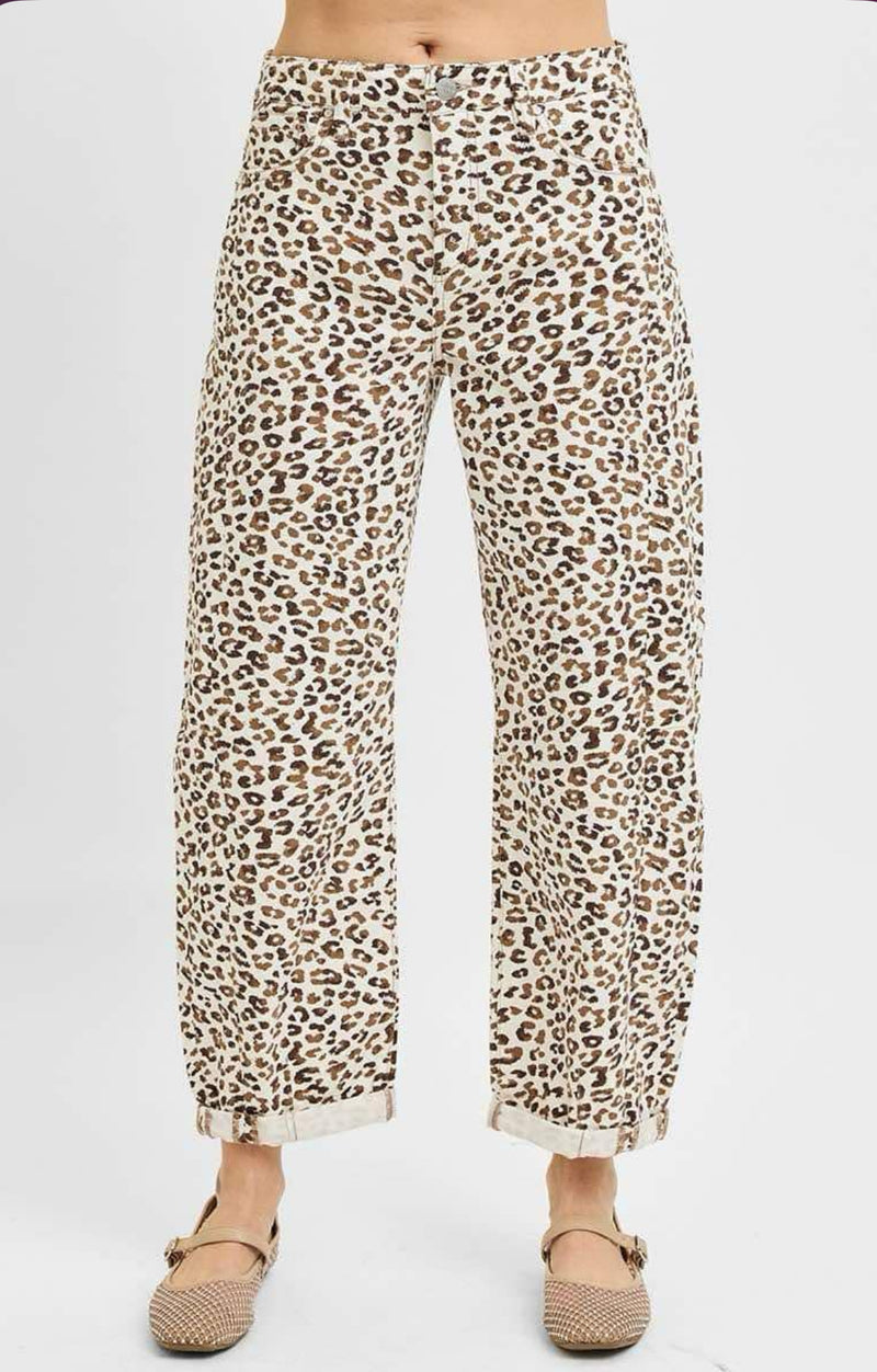 Risen | High Rise Cream Leopard Barrel Jeans