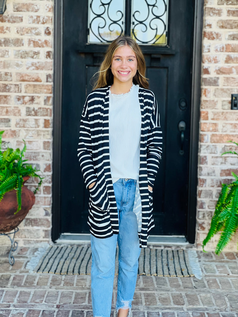 Youth Black & White Striped Cardigan