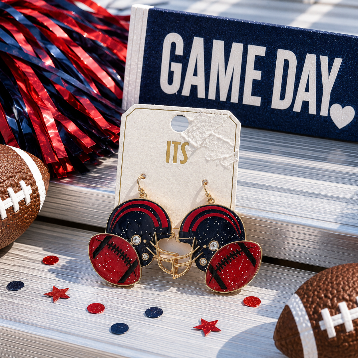 Navy & Red Glitter Helmet & Ball Earrings