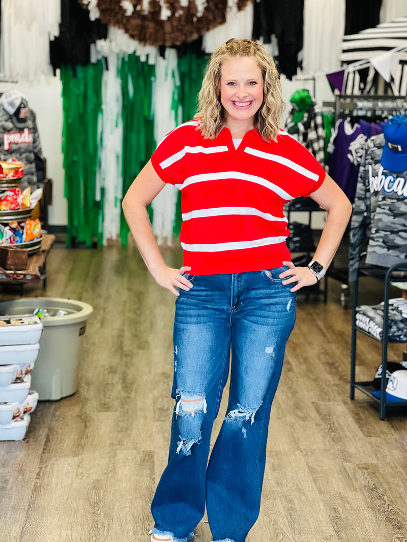 Gametime Red Stripe Collared Top