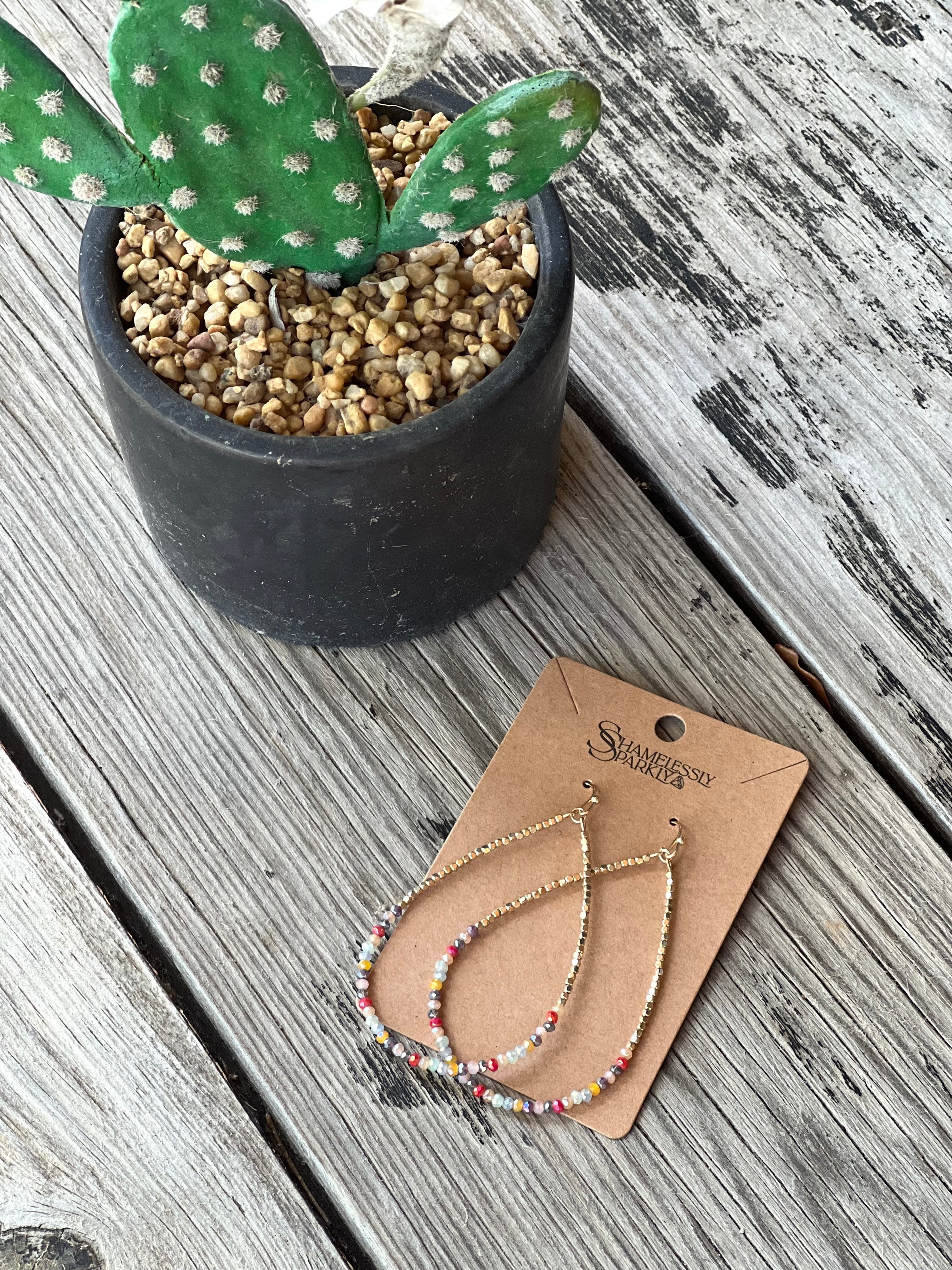 Teardrop Wire Beaded Glass Crystal Earrings