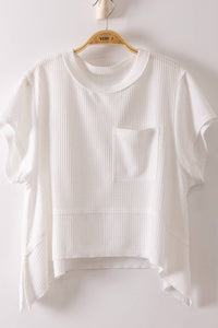 White Flared Hem Waffle Knit Casual Top