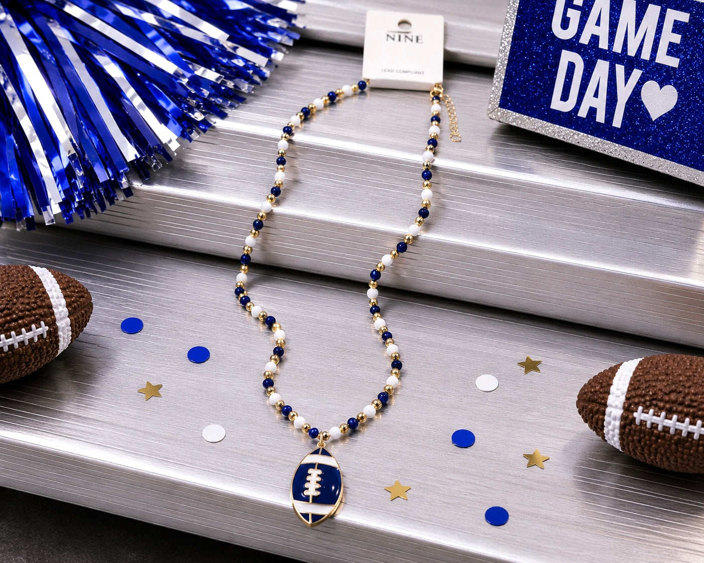 Bleacher Babe Blue & White Bead Football Necklace