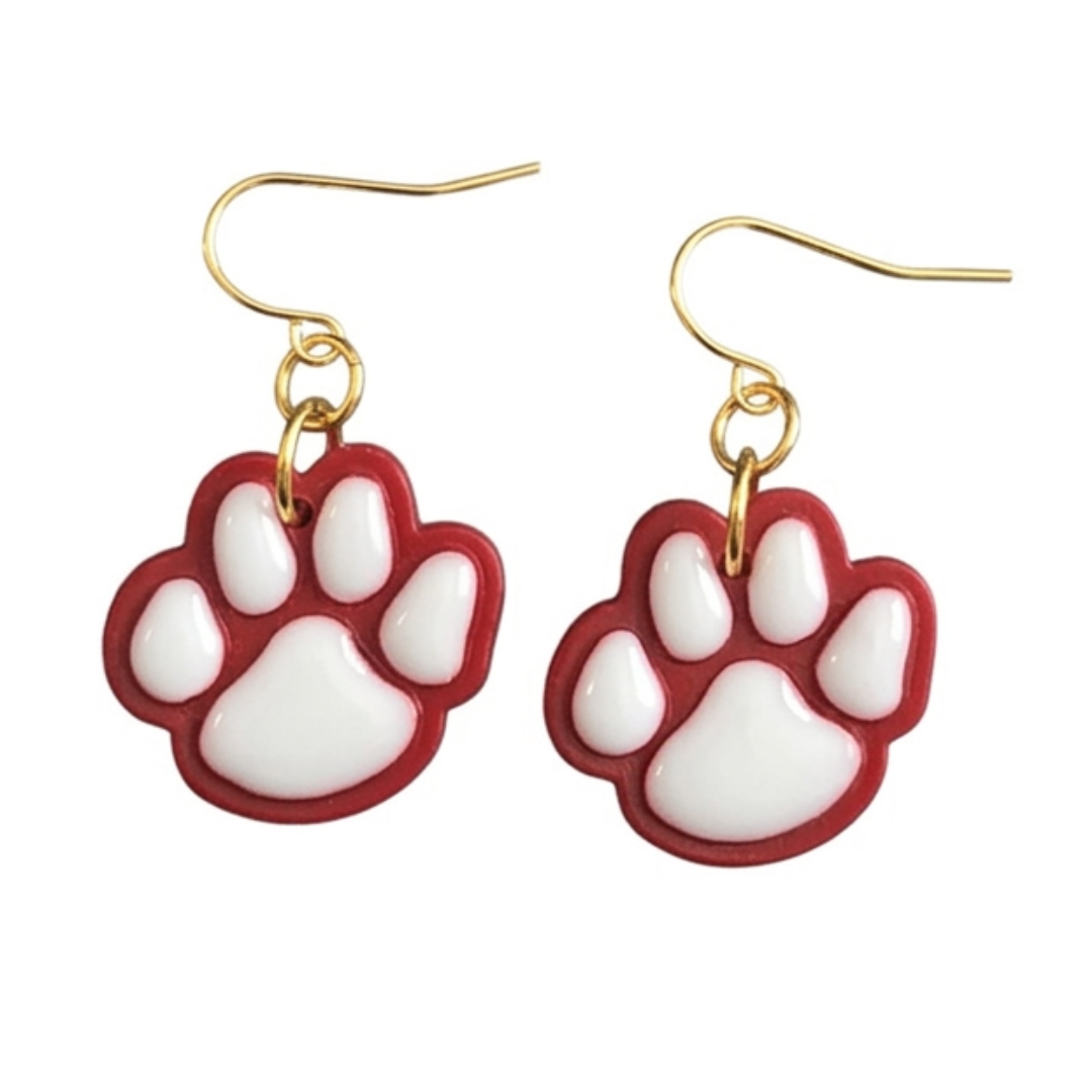 Red & White | Demi | Paw Print | Gold Dangle Earrings