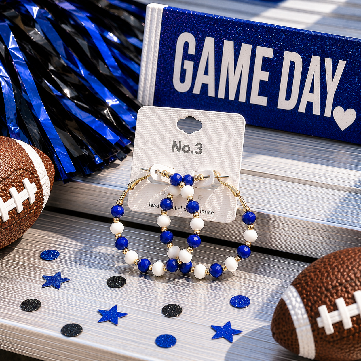 Bleacher Babe Blue & White Hoop Earrings