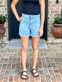 Button Tab Detail Washed Denim Shorts