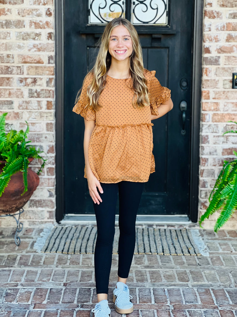Girls Taupe Polka Dot Babydoll Top