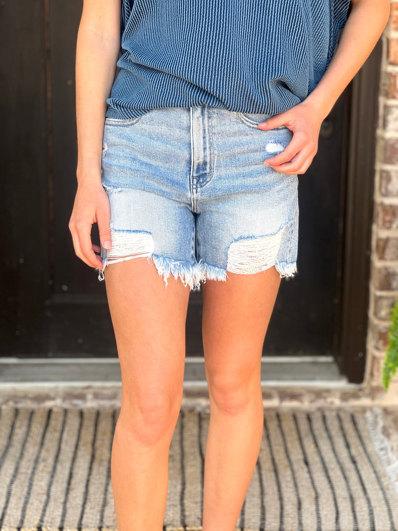 Risen | Hi Rise Distressed Light Shorts