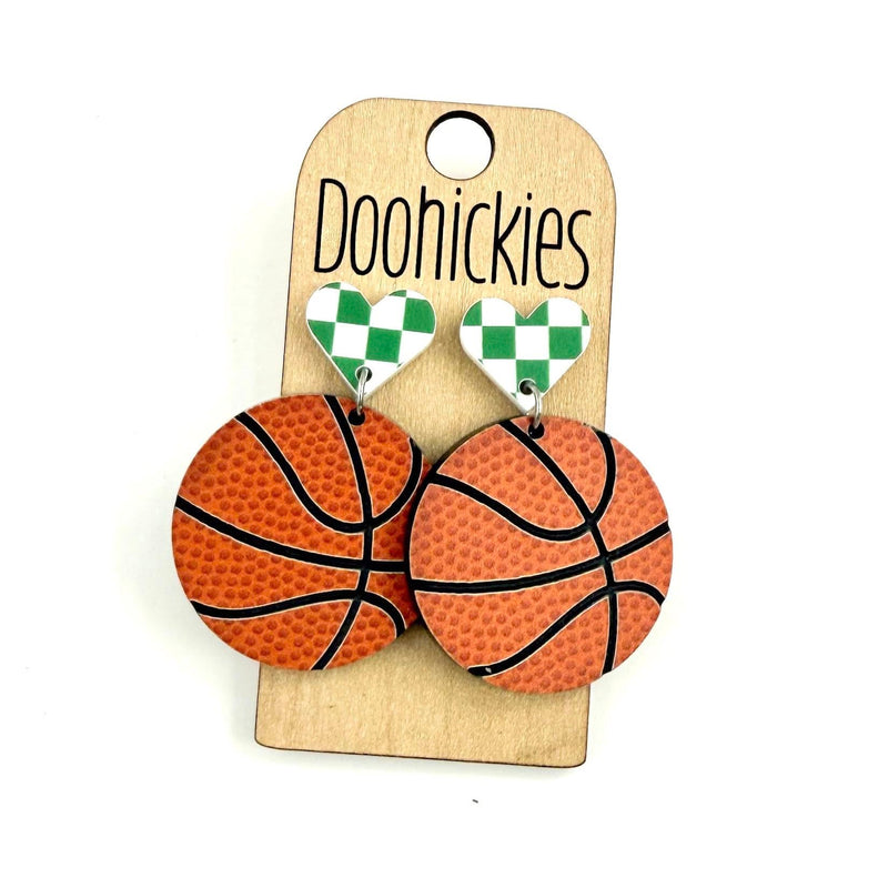 Checkered I Heart Basketball Dangles Sports Earrings