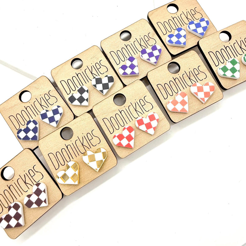 School Spirit Checkered Heart Stud Earrings - 9 Color Options