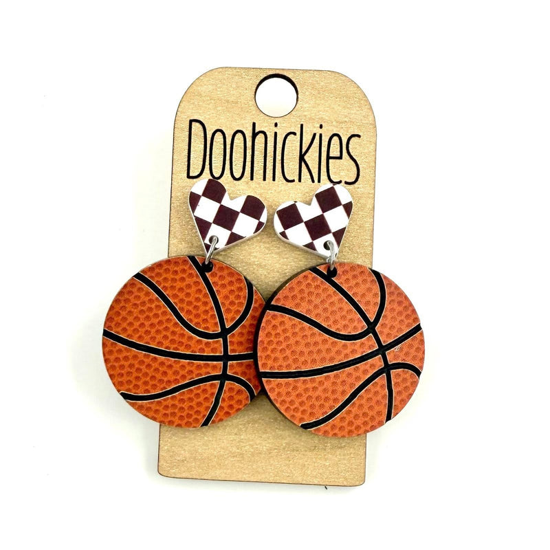 Checkered I Heart Basketball Dangles Sports Earrings