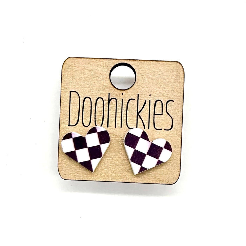 School Spirit Checkered Heart Stud Earrings - 9 Color Options