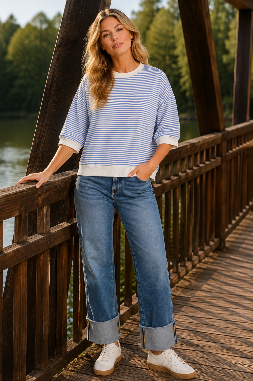 Cornflower Blue Striped Peasant Sleeve Top