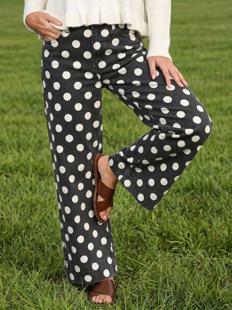 Polka Dot Straight Leg Cotton Denim Pants