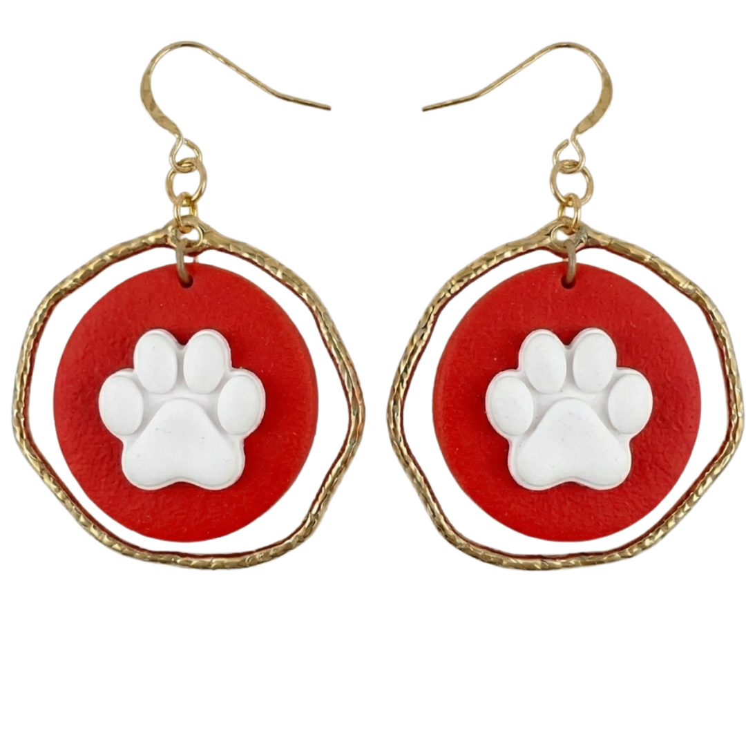 Red & White| Pawprint | Gameday | Gold Drop Earrings
