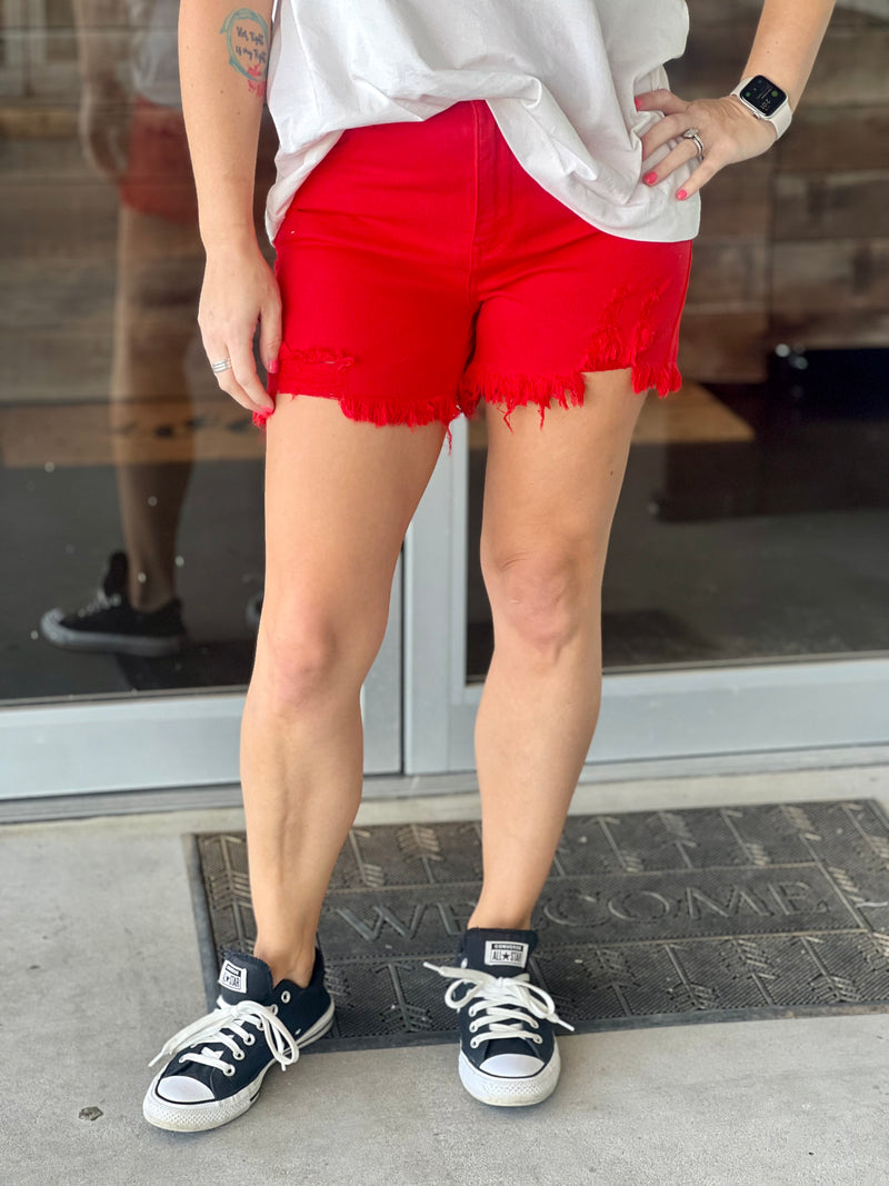 Risen | Fiesta Red Hi Rise Distressed Shorts