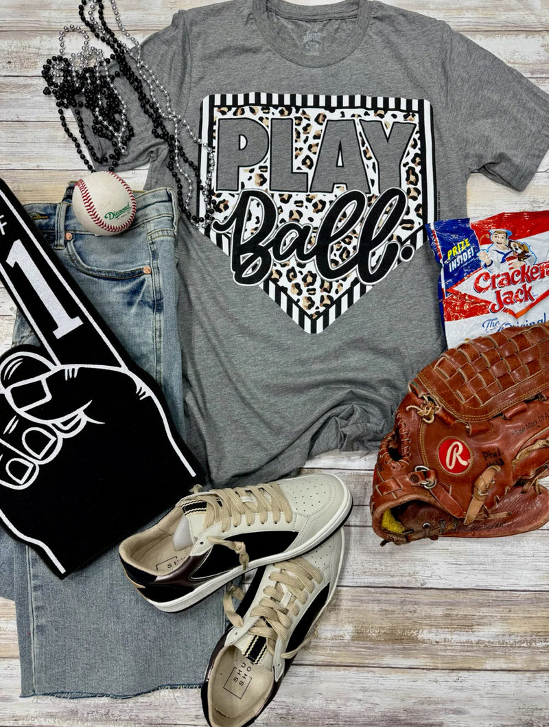 Grey Play Ball Leopard Homeplate Tee
