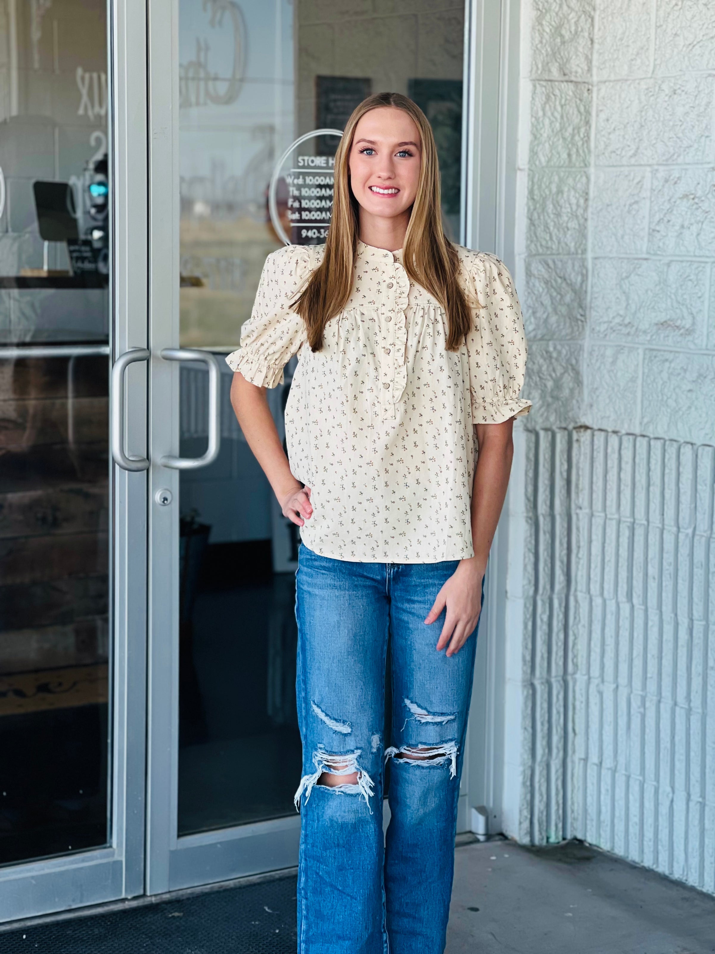 Butter Ruffle Embellished Floral Top