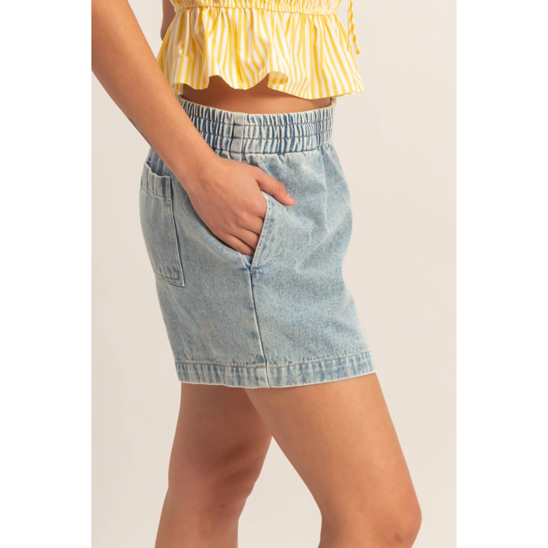 Elastic Waist Mineral Wash Denim Shorts