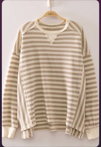 Shiloh Taupe & Cream Waffled Hi Lo Striped Top