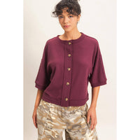 Plum Button-Down Short Sleeve Waffle Top