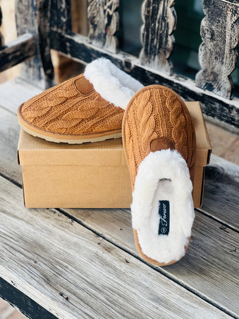 Cozy Tan Fur Line Crochet Slippers