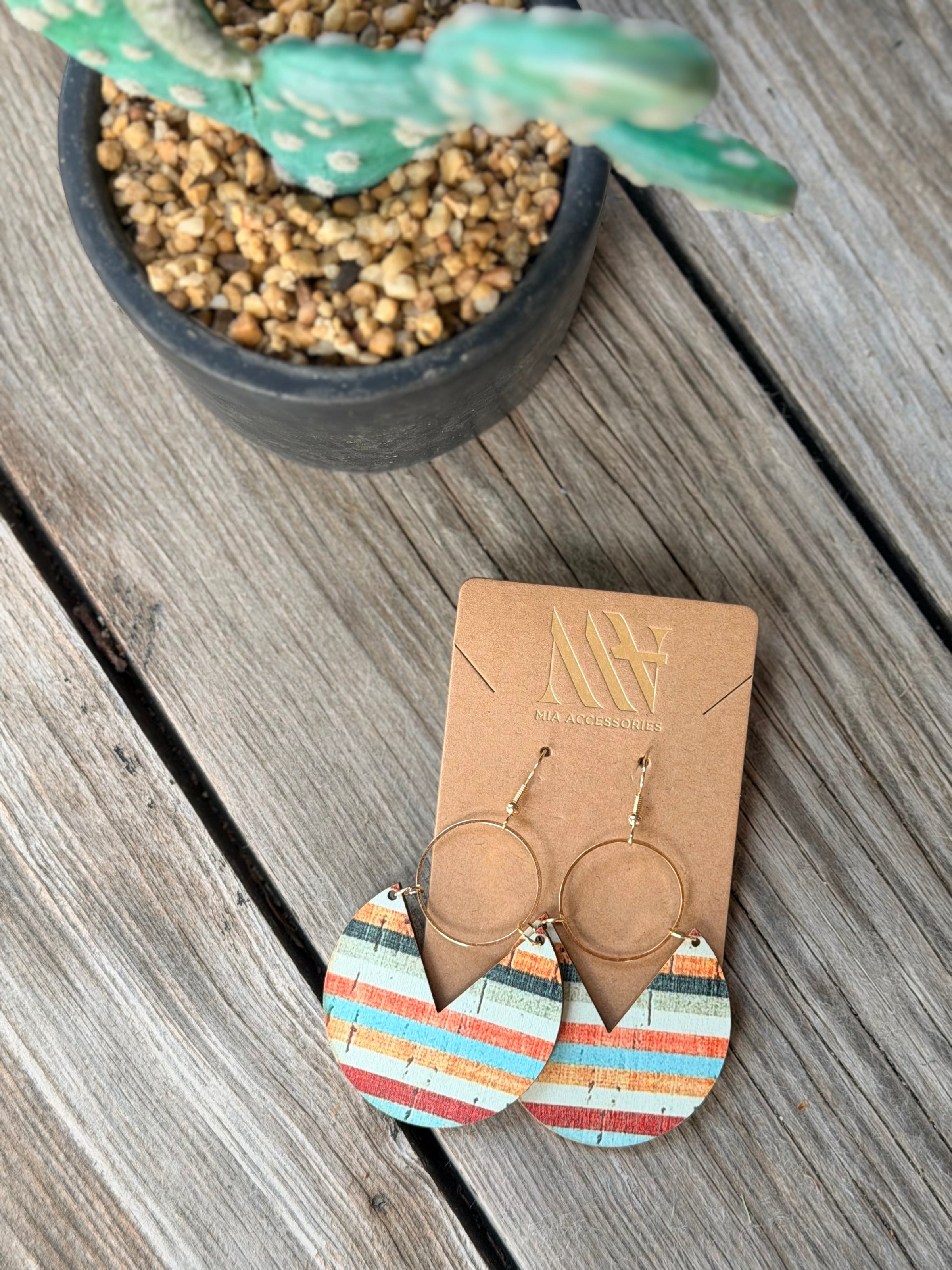 Boho Lightweight Wooden Drop Earrings with Stripe Pattern