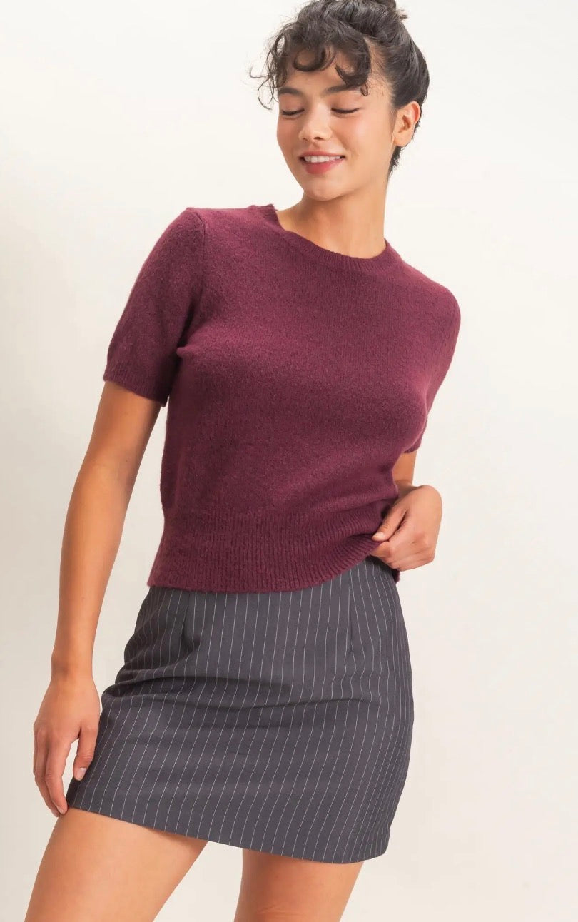 Wine Short Sleeve Lightweight Sweater