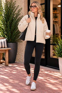 Beige Quilted High Collar Jacket