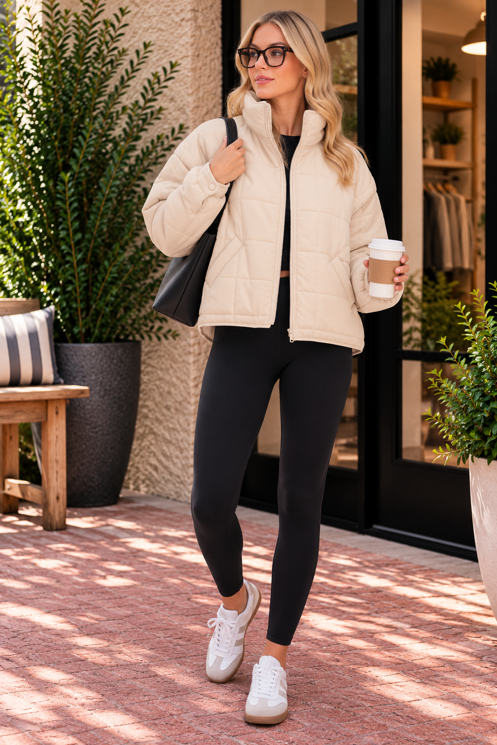 Beige Quilted High Collar Jacket