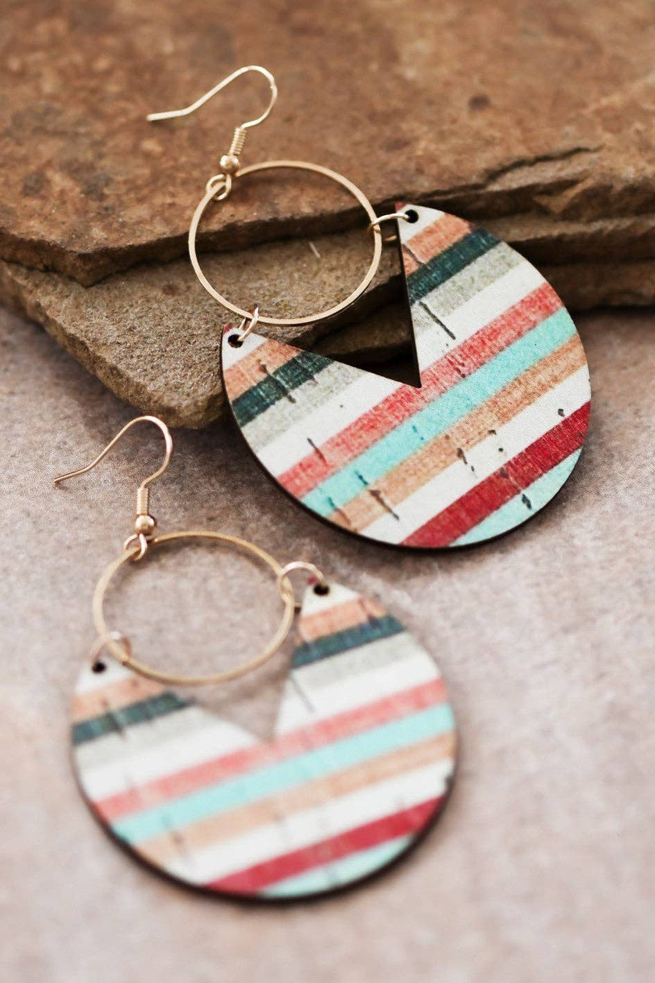 Boho Lightweight Wooden Drop Earrings with Stripe Pattern