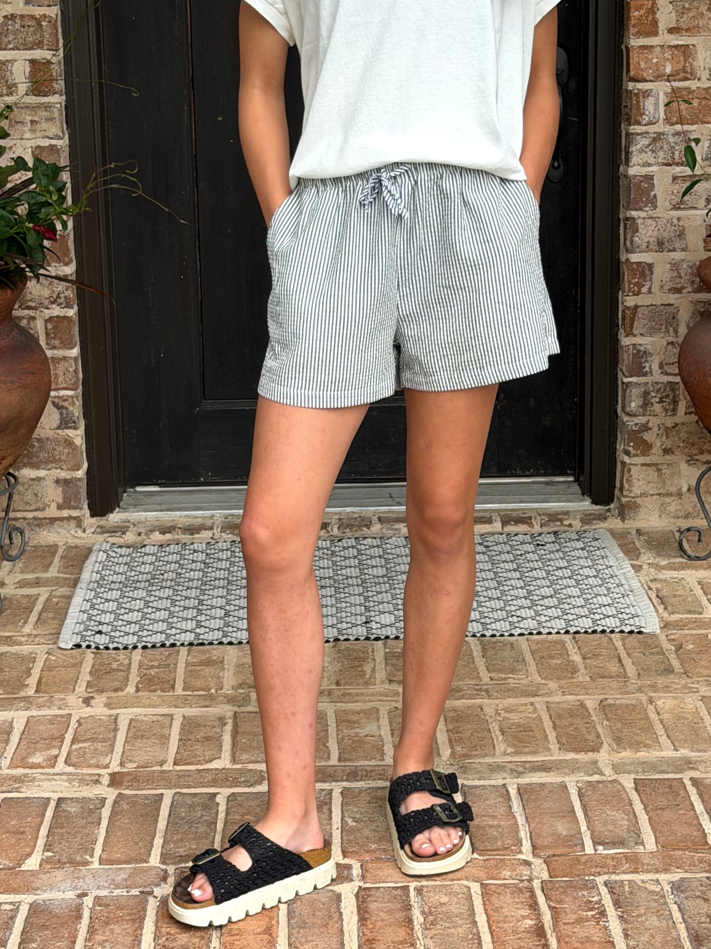 Black Striped Drawstring Waist Shorts