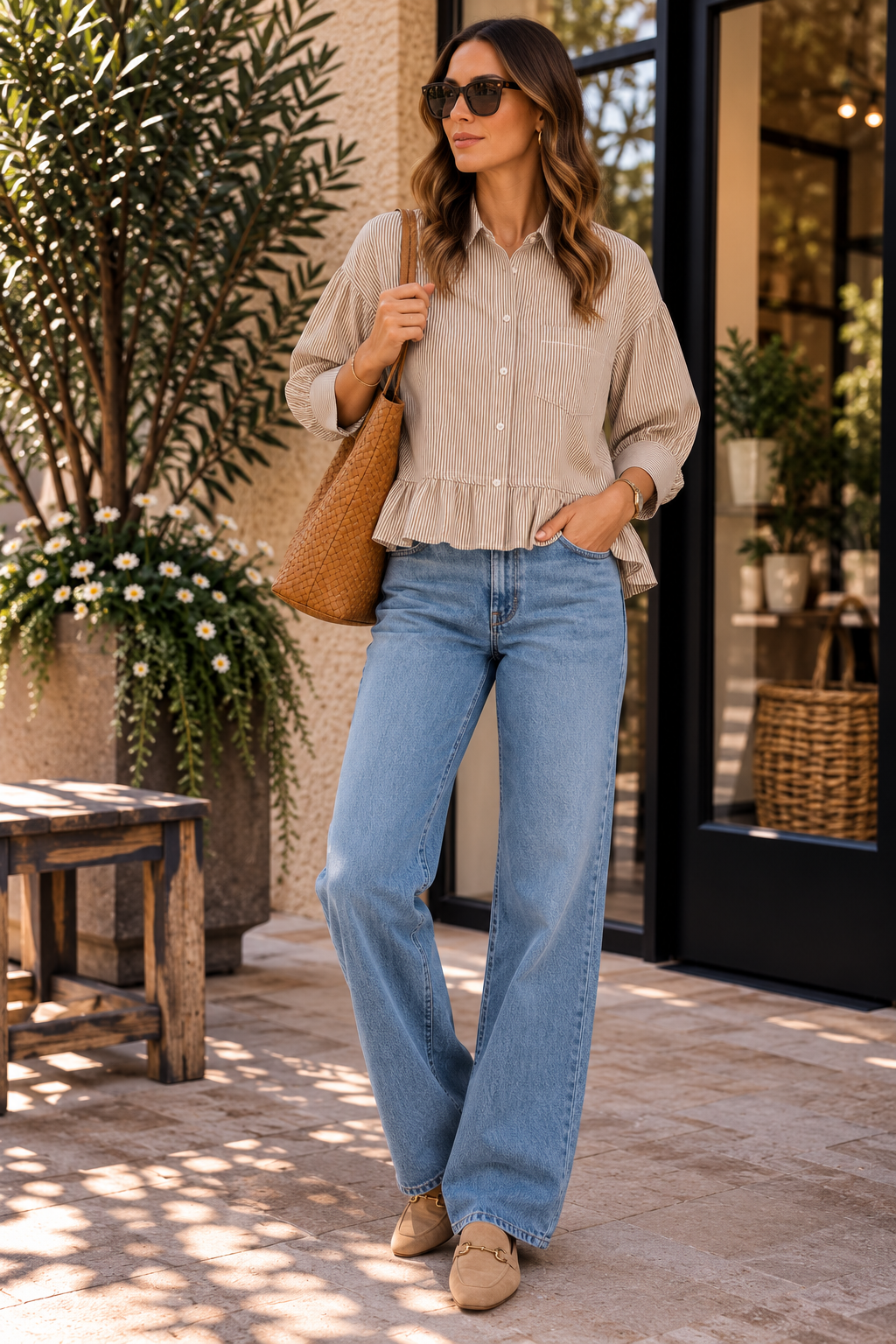 Taupe Striped Ruffle Hem Top