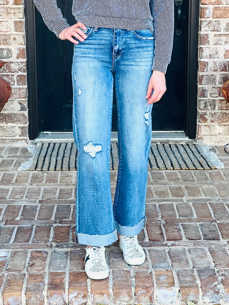 Petra | High Rise Slim Wide Leg w/Cuffed Heam Jeans
