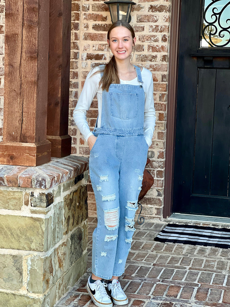 Distressed Light Denim Overalls